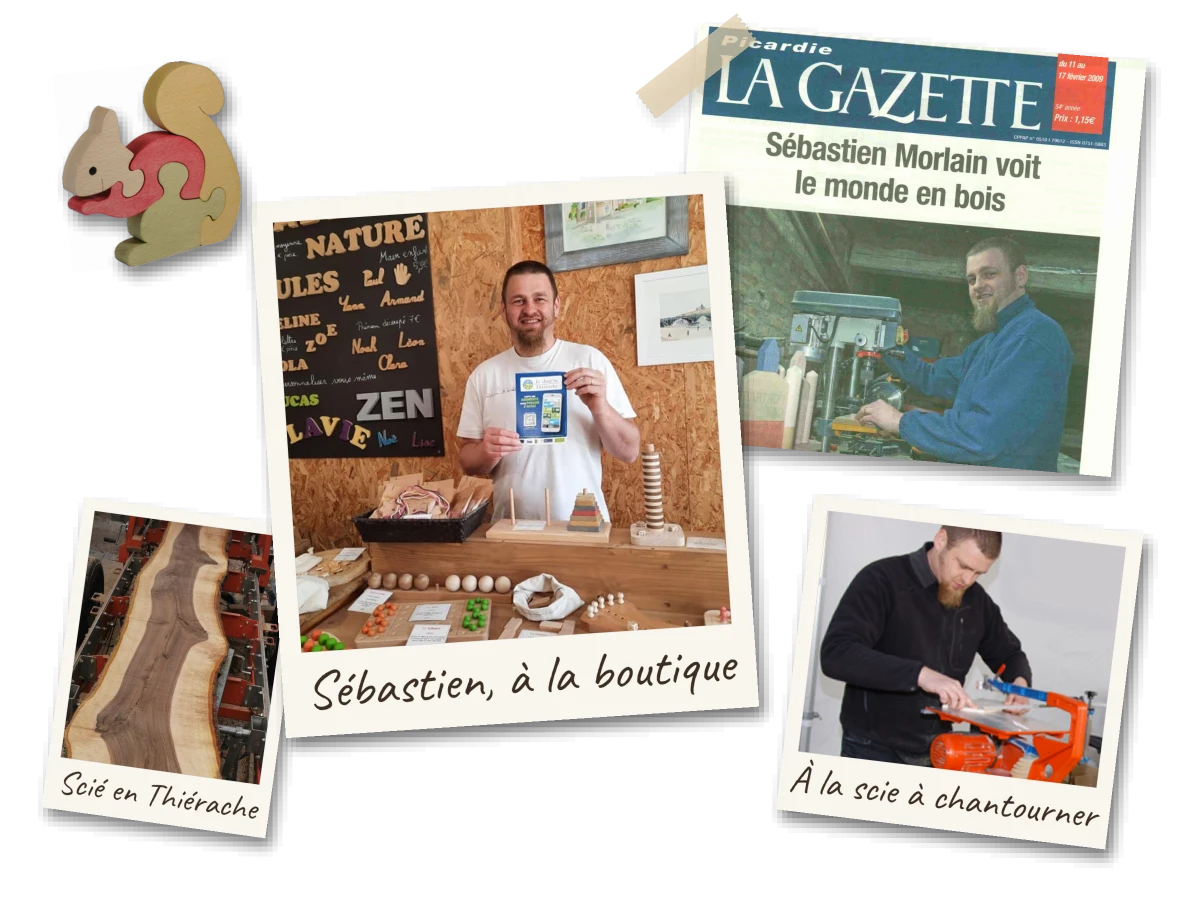 Sébastien Morlain à la boutique et à la scie à chantourner, sa une dans Picardie La Gazette et une planche sciée en Thiérache